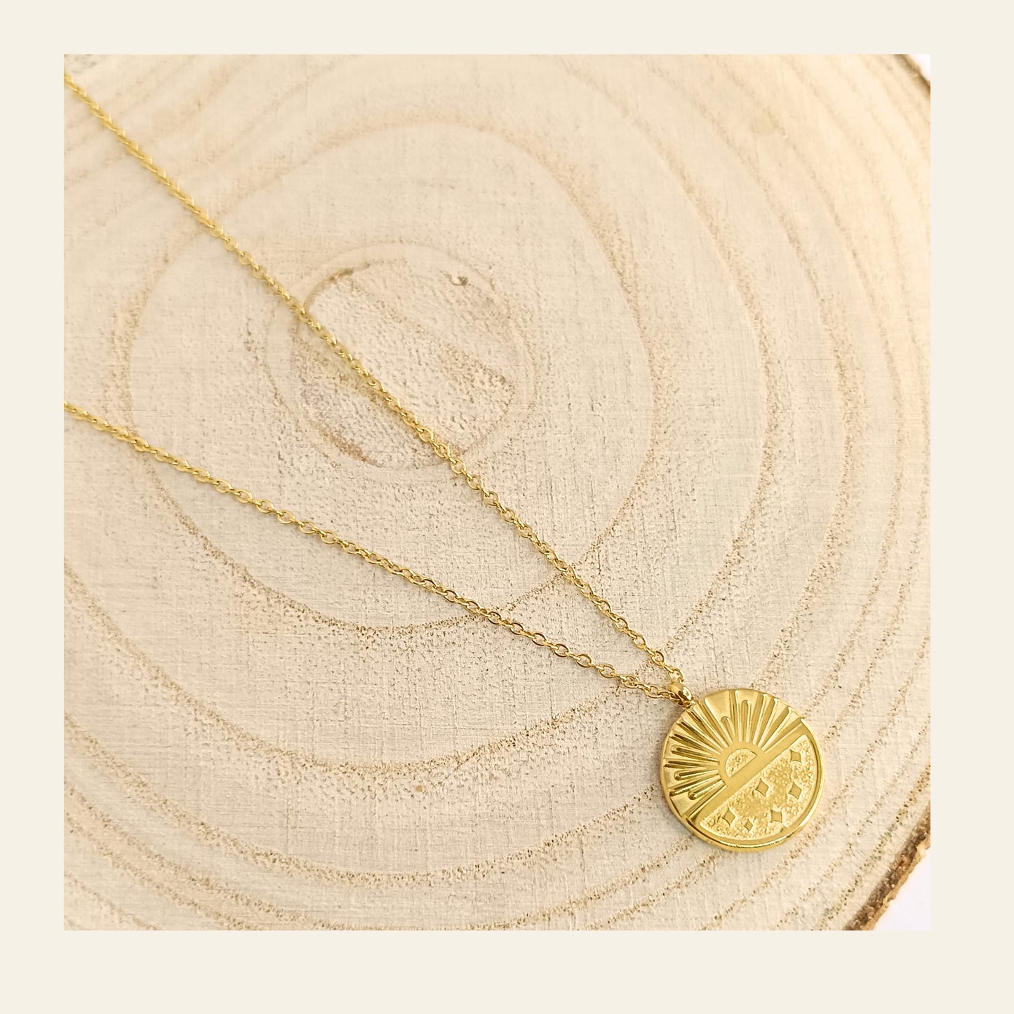Golden Sunburst Round Pendant Necklace