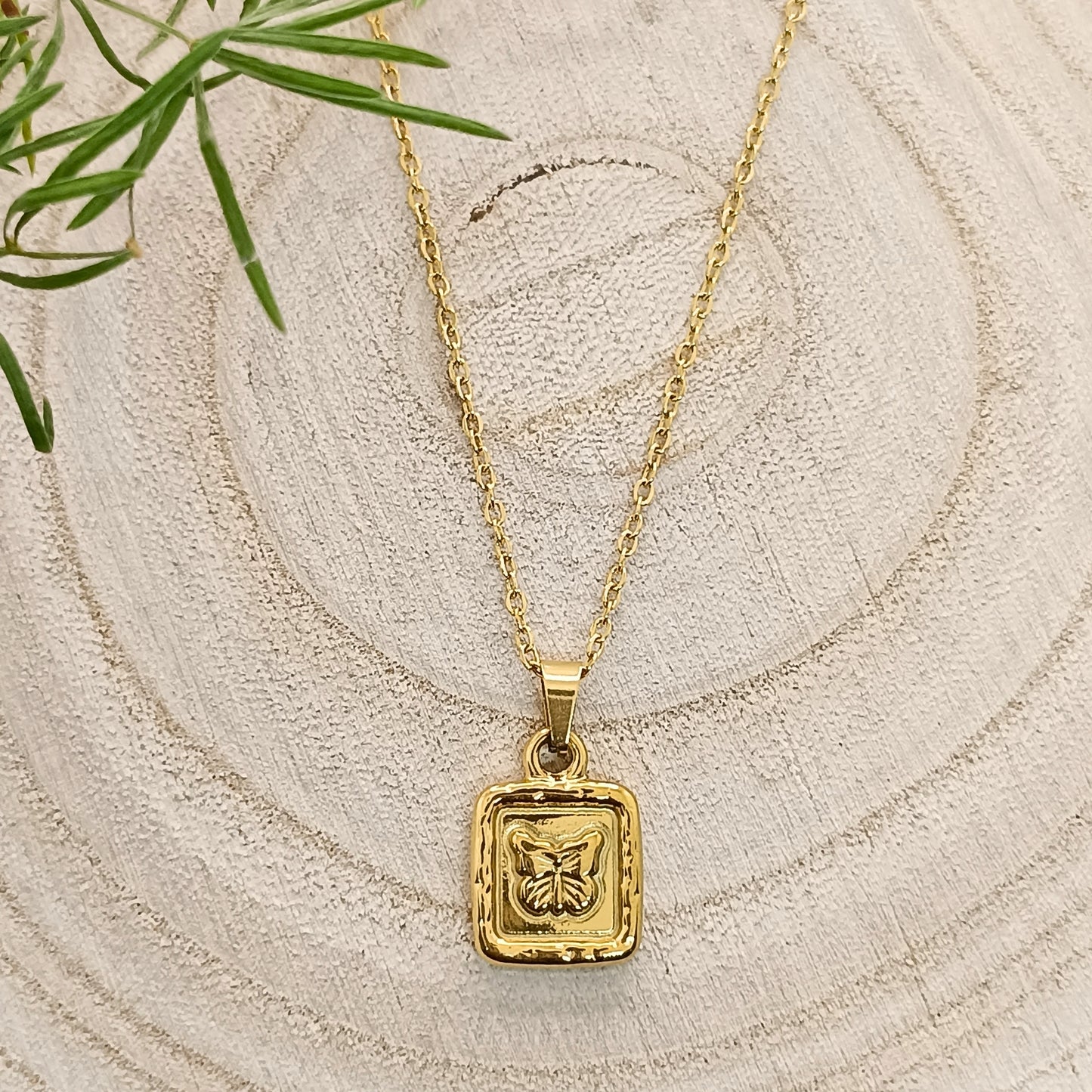 Golden Butterfly Charm Square Pendant Necklace