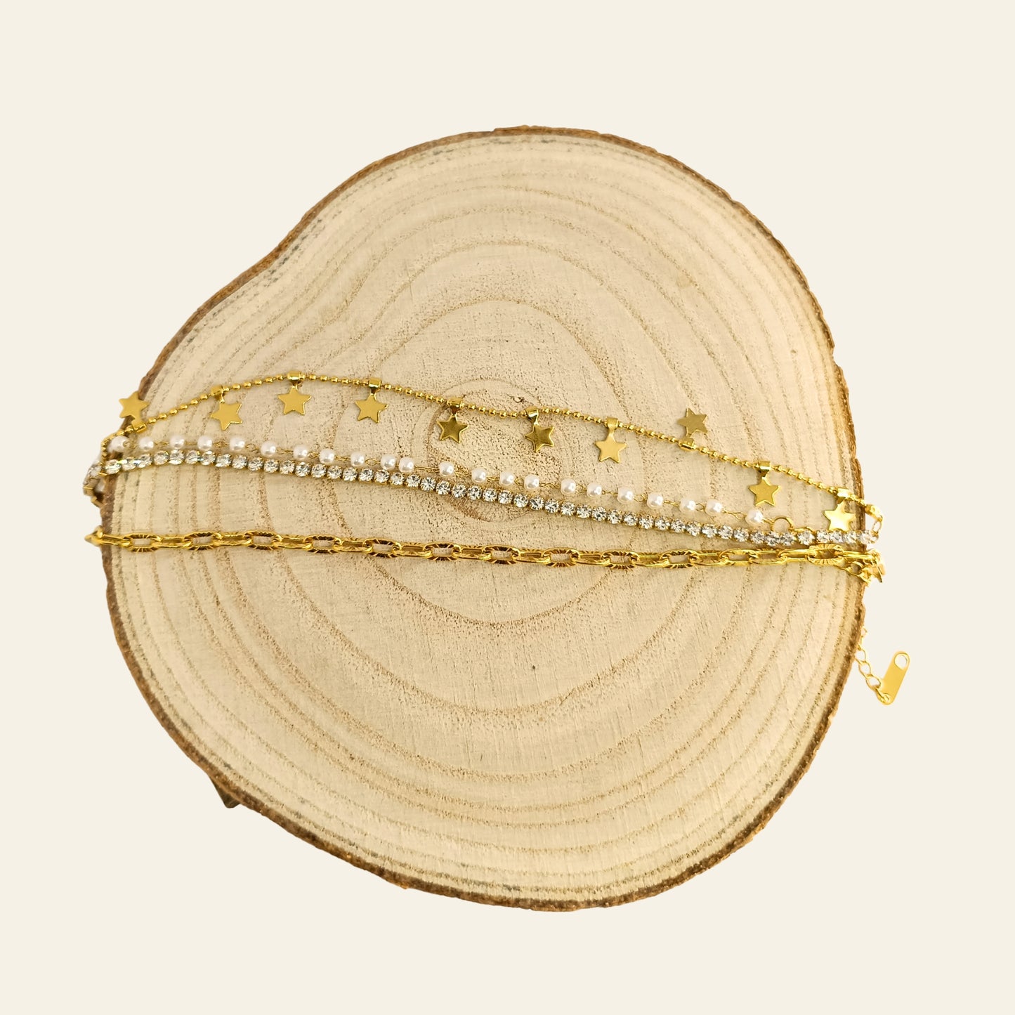 Golden Multi-Layered Bracelet with Stars, Pearls & Rhinestones