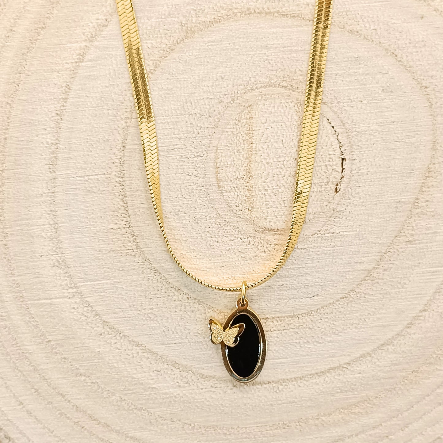 Midnight Butterfly Oval Pendant Necklace
