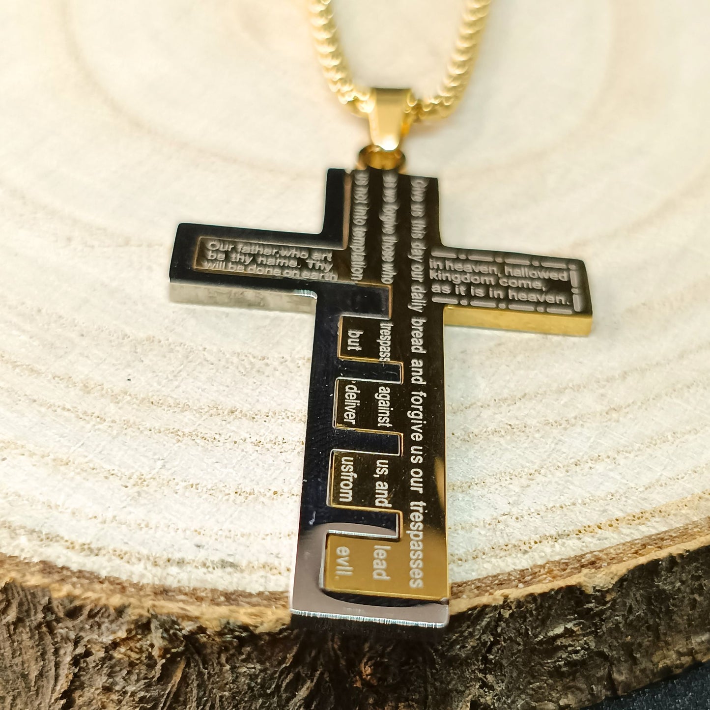 Men’s Gold Scripture Cross Necklace — Stainless Steel