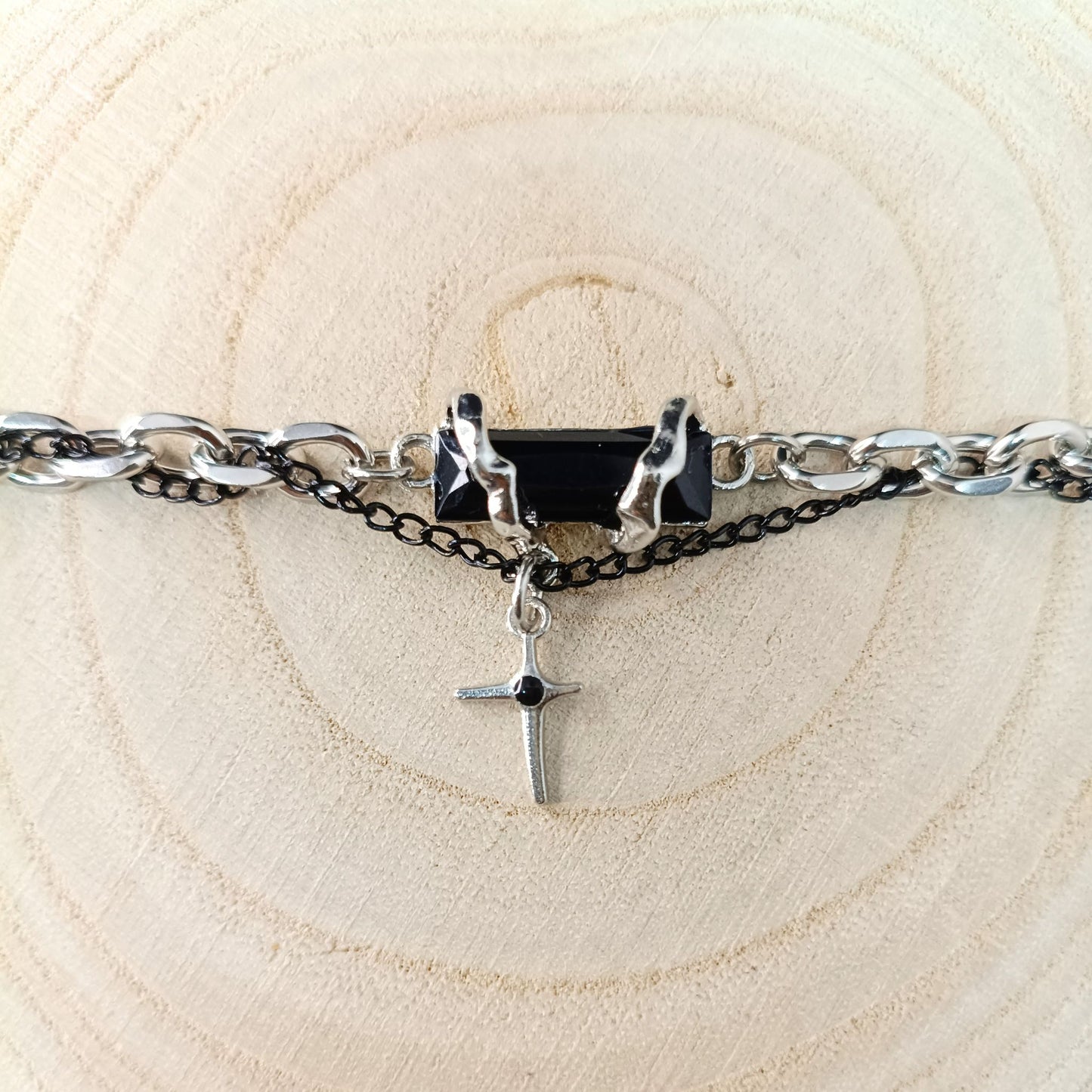 Men’s Black Stone & Cross Charm Bracelet — Stainless Steel