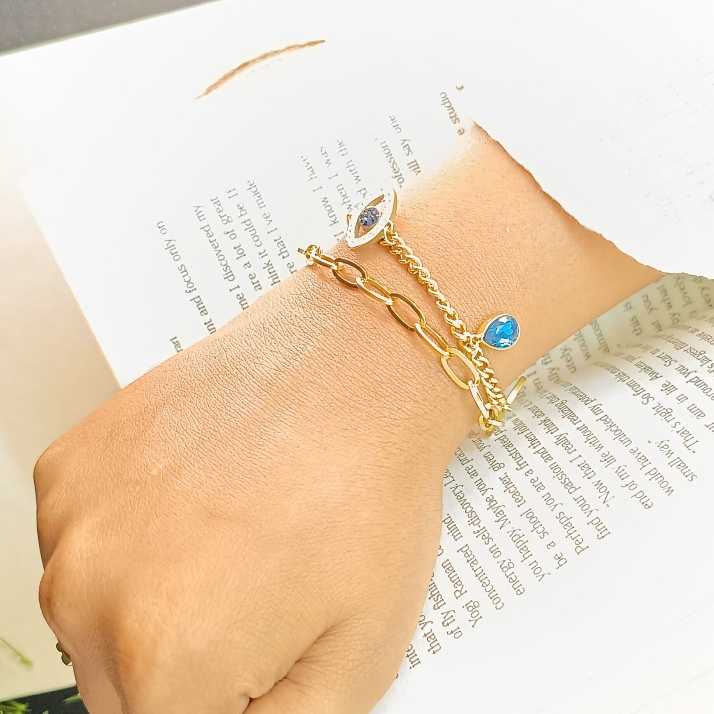 Golden Evil Eye & Blue Charm Bracelet Set