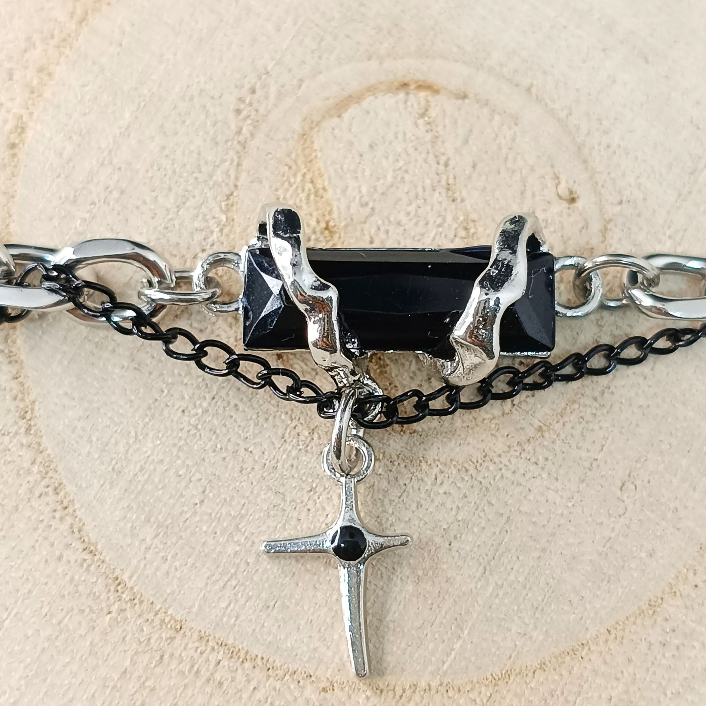 Men’s Black Stone & Cross Charm Bracelet — Stainless Steel