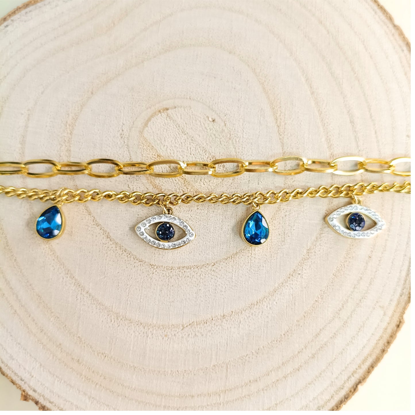 Golden Evil Eye & Blue Charm Bracelet Set