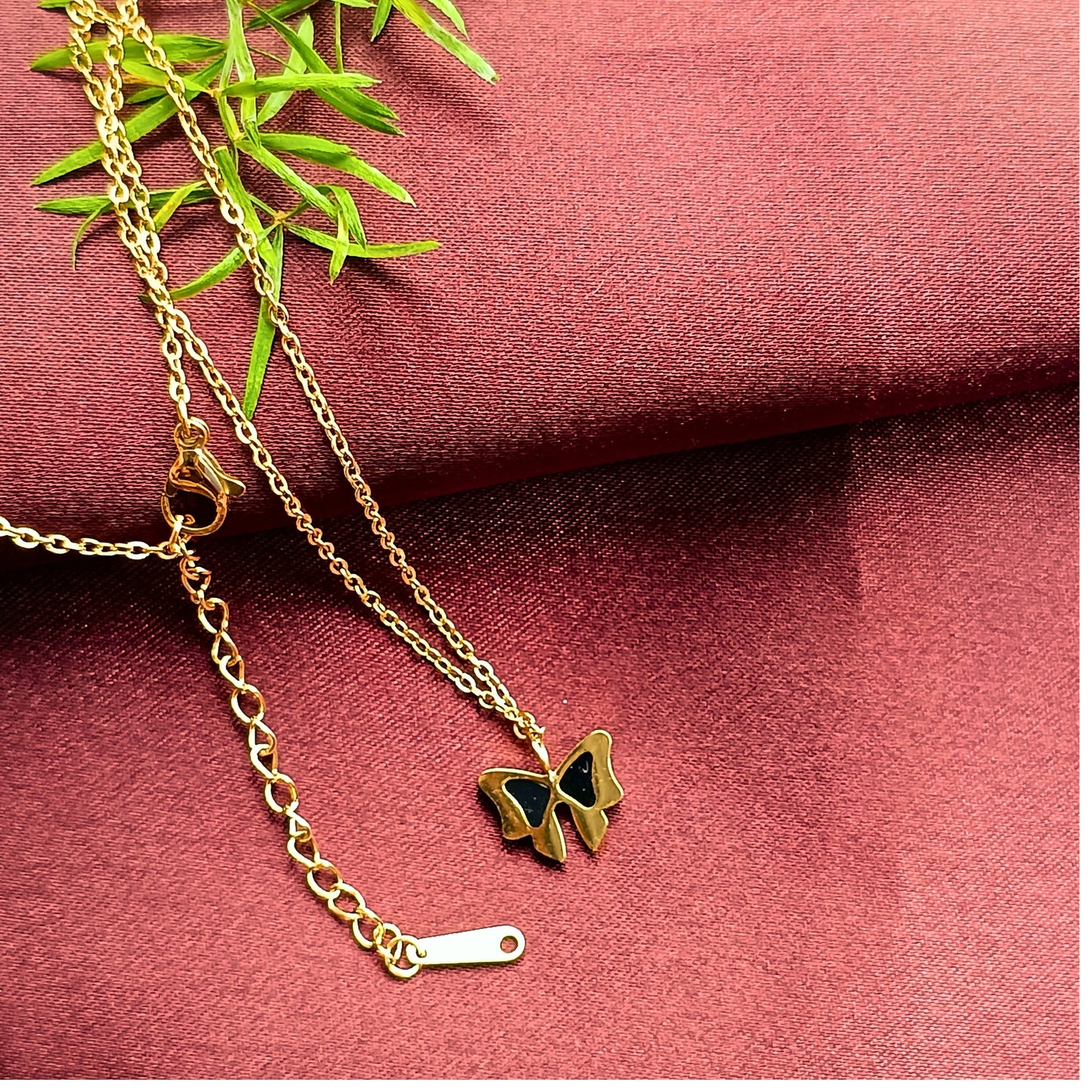Golden Black Enamel Butterfly Pendant Necklace