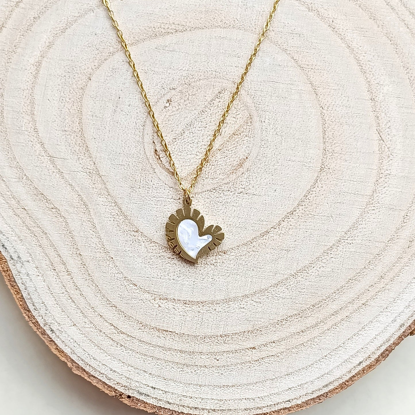 Golden Heart Pendant Necklace with White Inlay