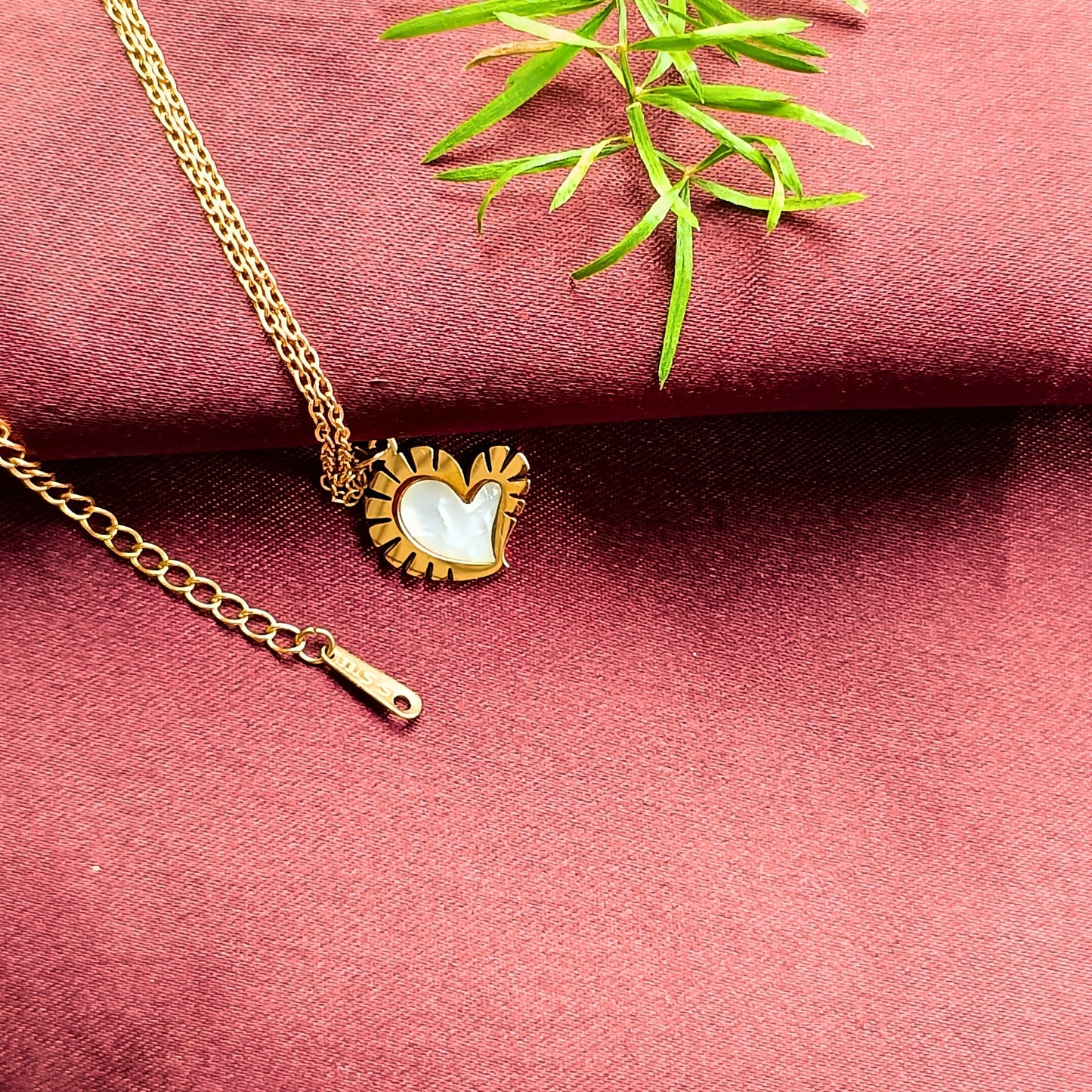 Golden Heart Pendant Necklace with White Inlay