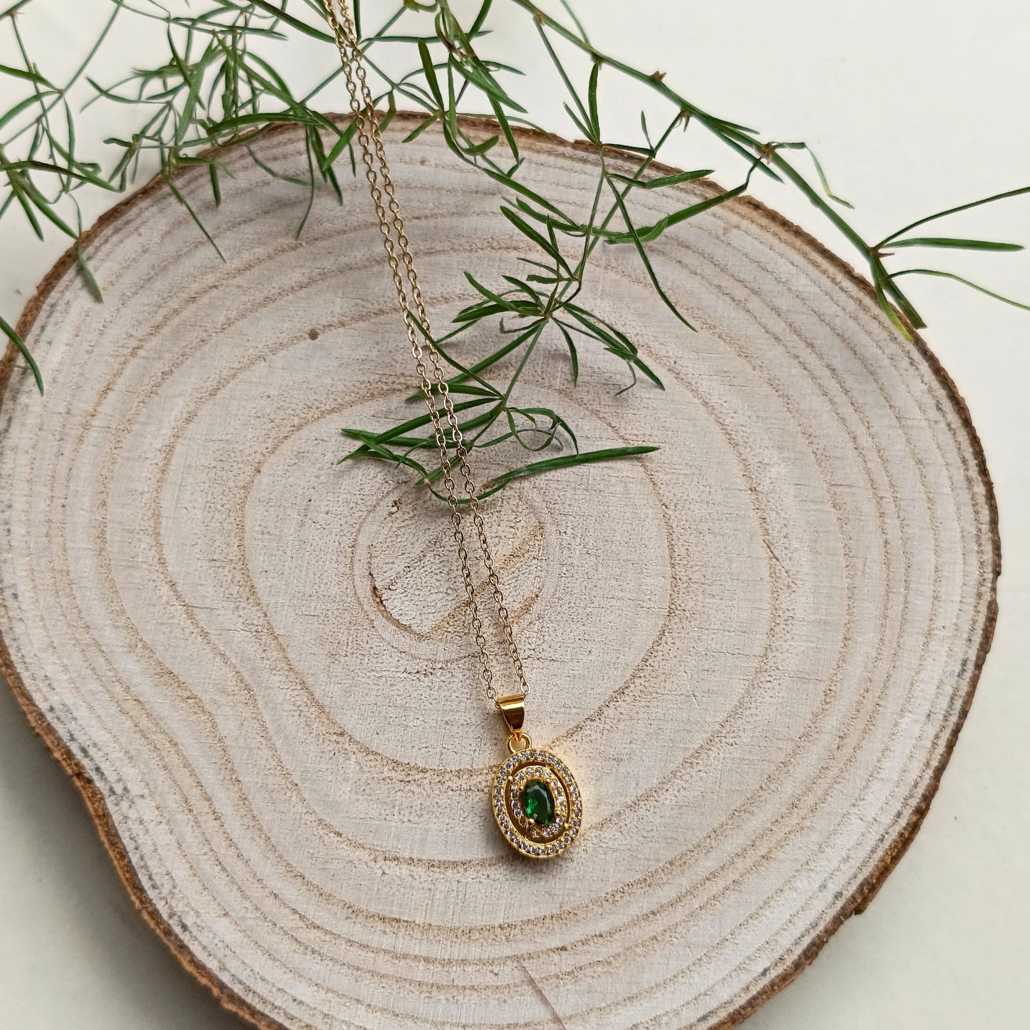 Golden Emerald Oval Pendant Necklace