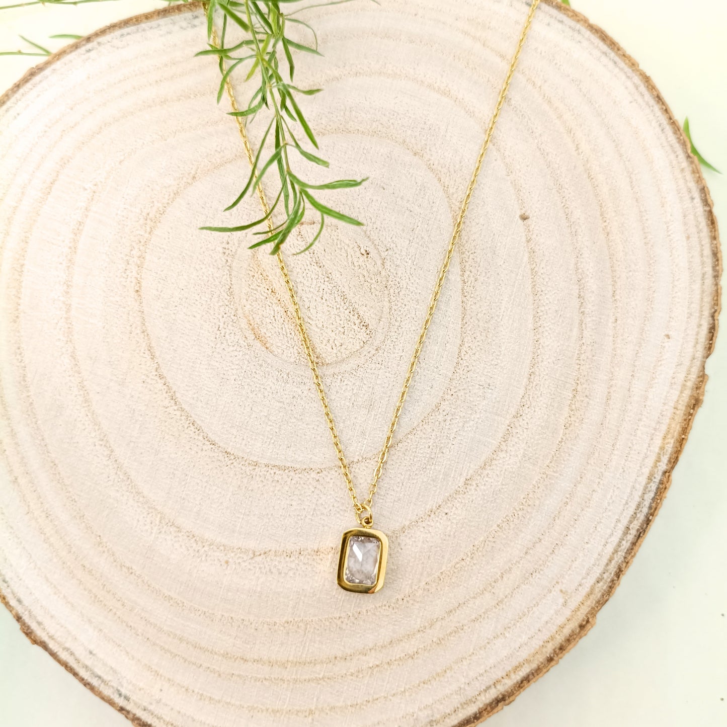 Golden Rectangular Stone Pendant Necklace