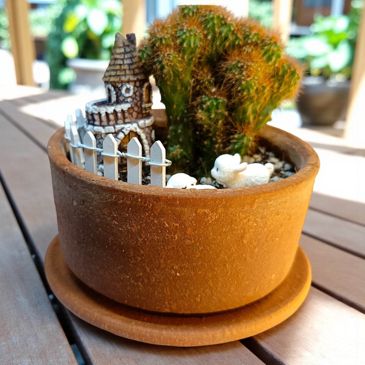Gaivya Golden Cactus in Terracotta Fairy Pot with Castle & Sheep