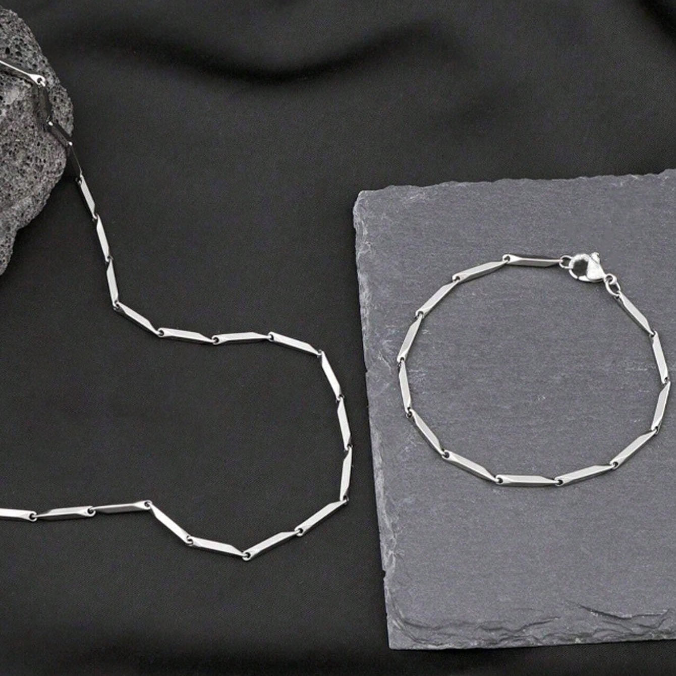 Men’s Silver Geometric Link Chain Set — Stainless Steel (Bracelet + Necklace)