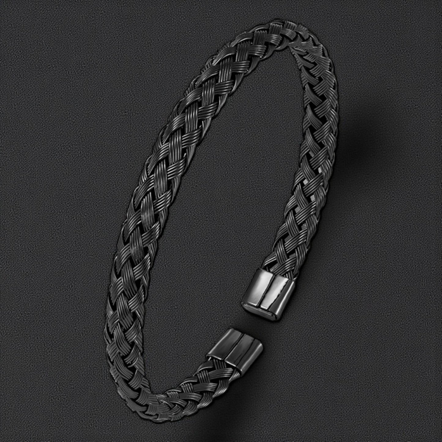 Men’s Braided Black Cuff Bracelet — Stainless Steel