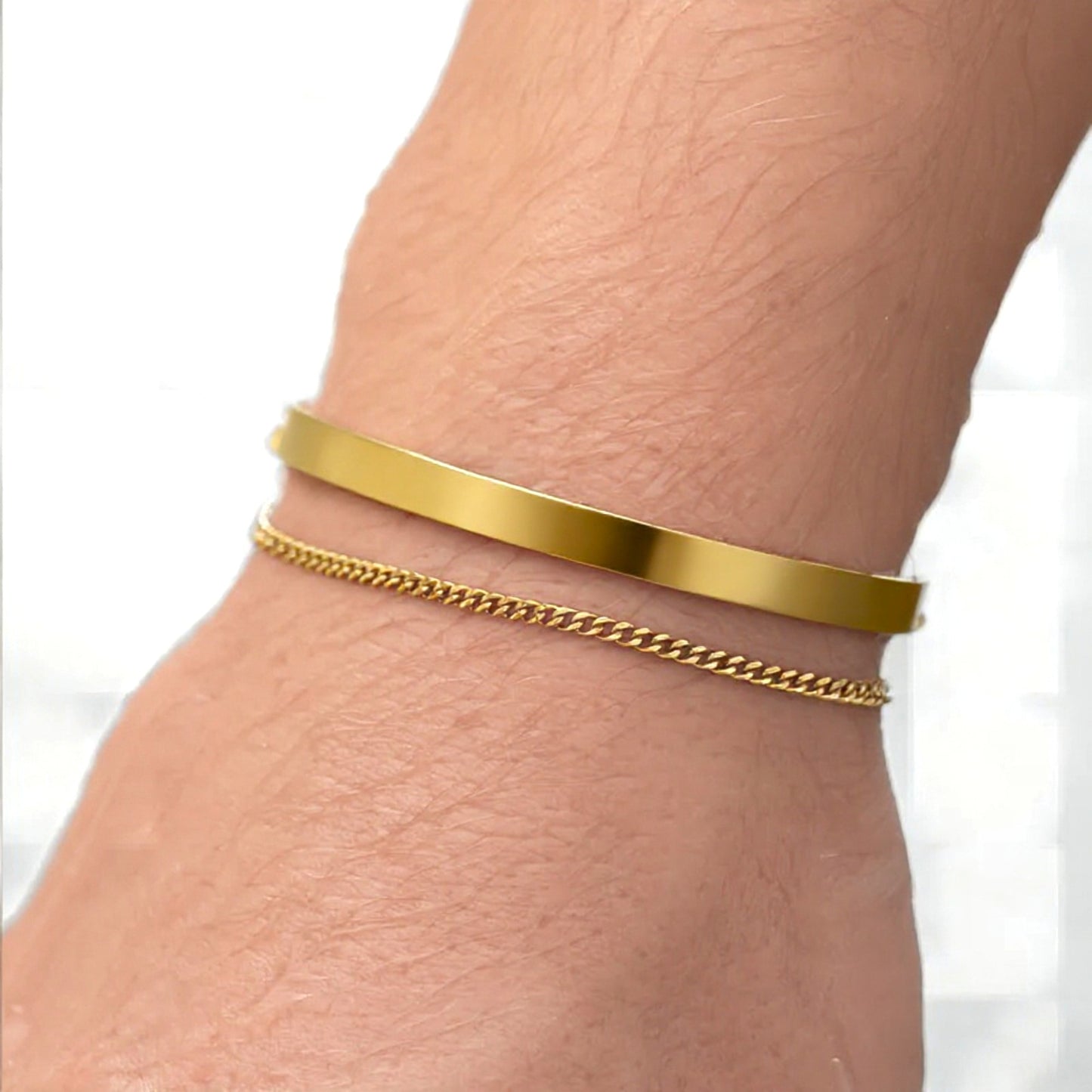Men’s Gold Cuff & Chain Bracelet Set — Stainless Steel