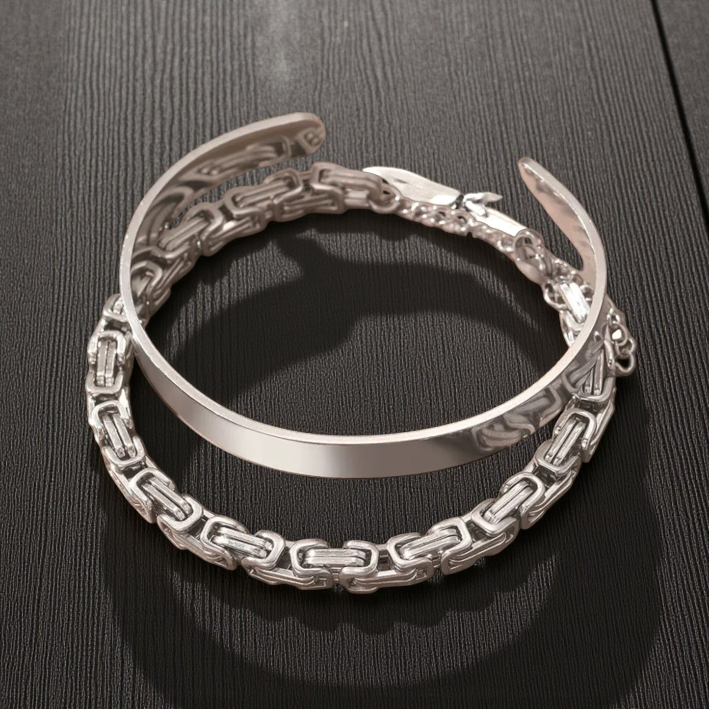 Men’s Silver Cuff & Chain Bracelet Set — Stainless Steel