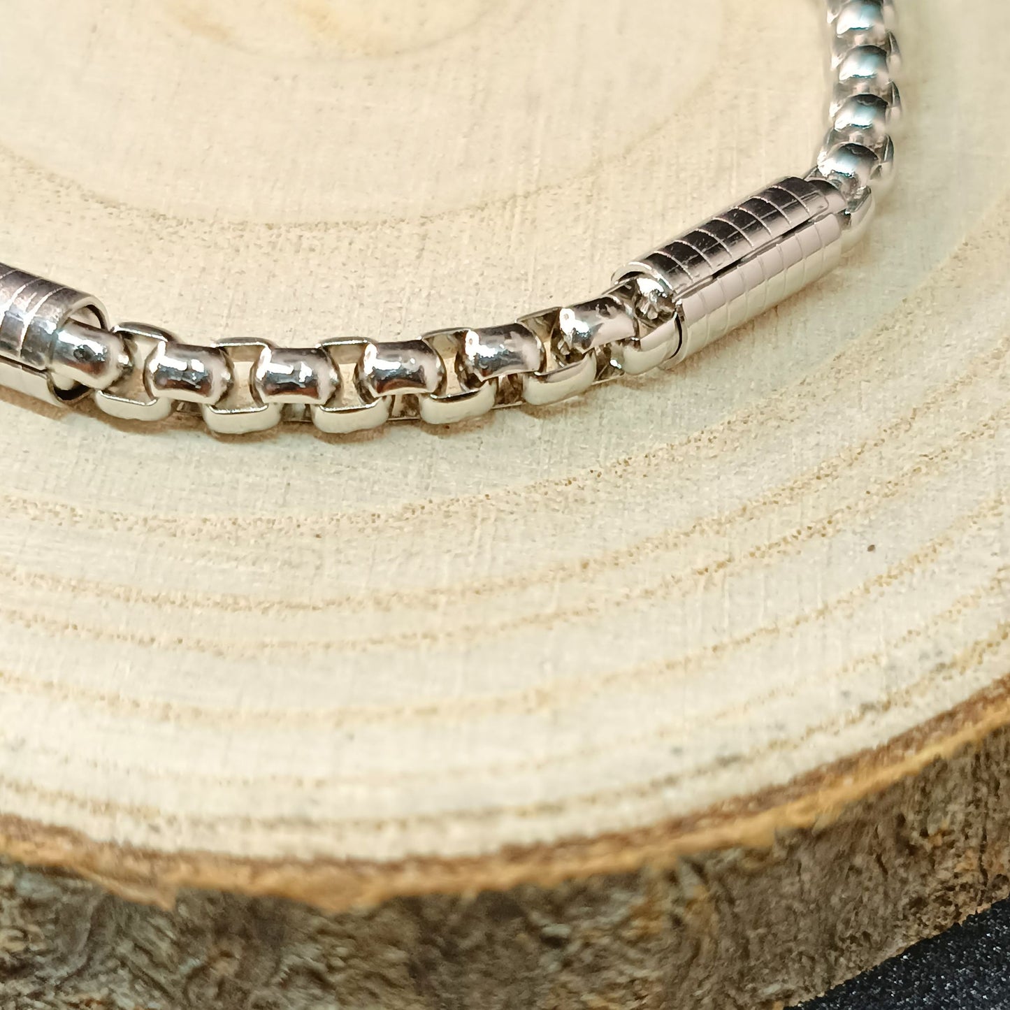Men’s Silver Box Chain Bracelet with Cylinder Accents — Stainless Steel