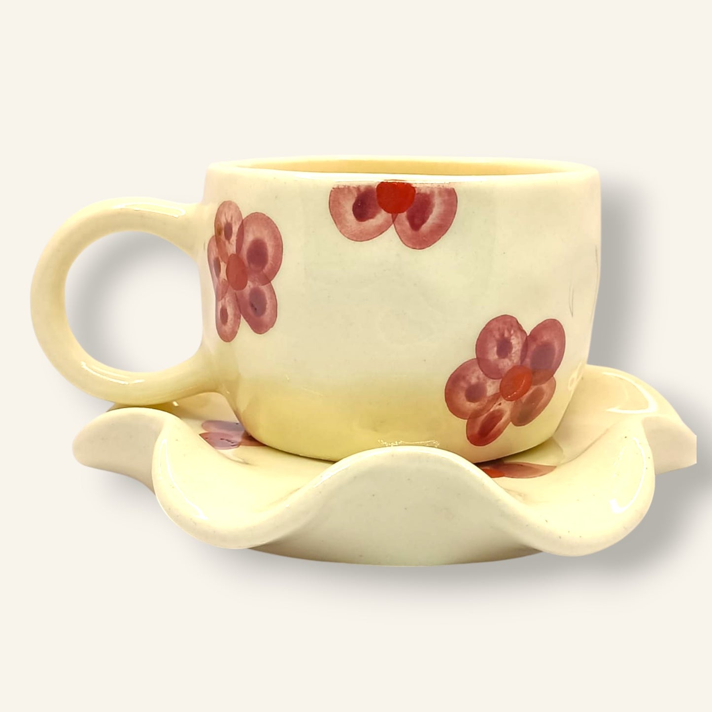 🍓 Berry Bloom Tea Cup & Saucer – Handmade Ceramic