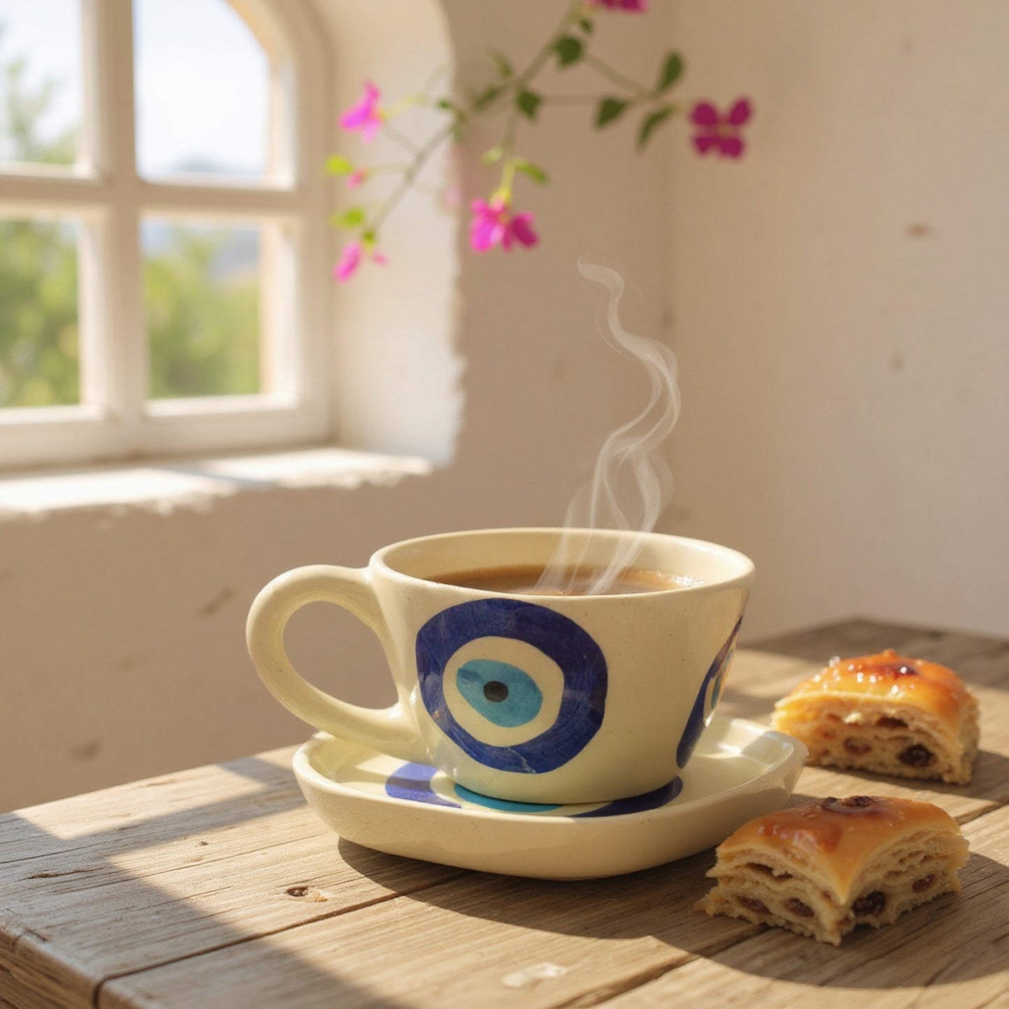 🧿 Evil Eye Cup & Saucer – Handmade Ceramic