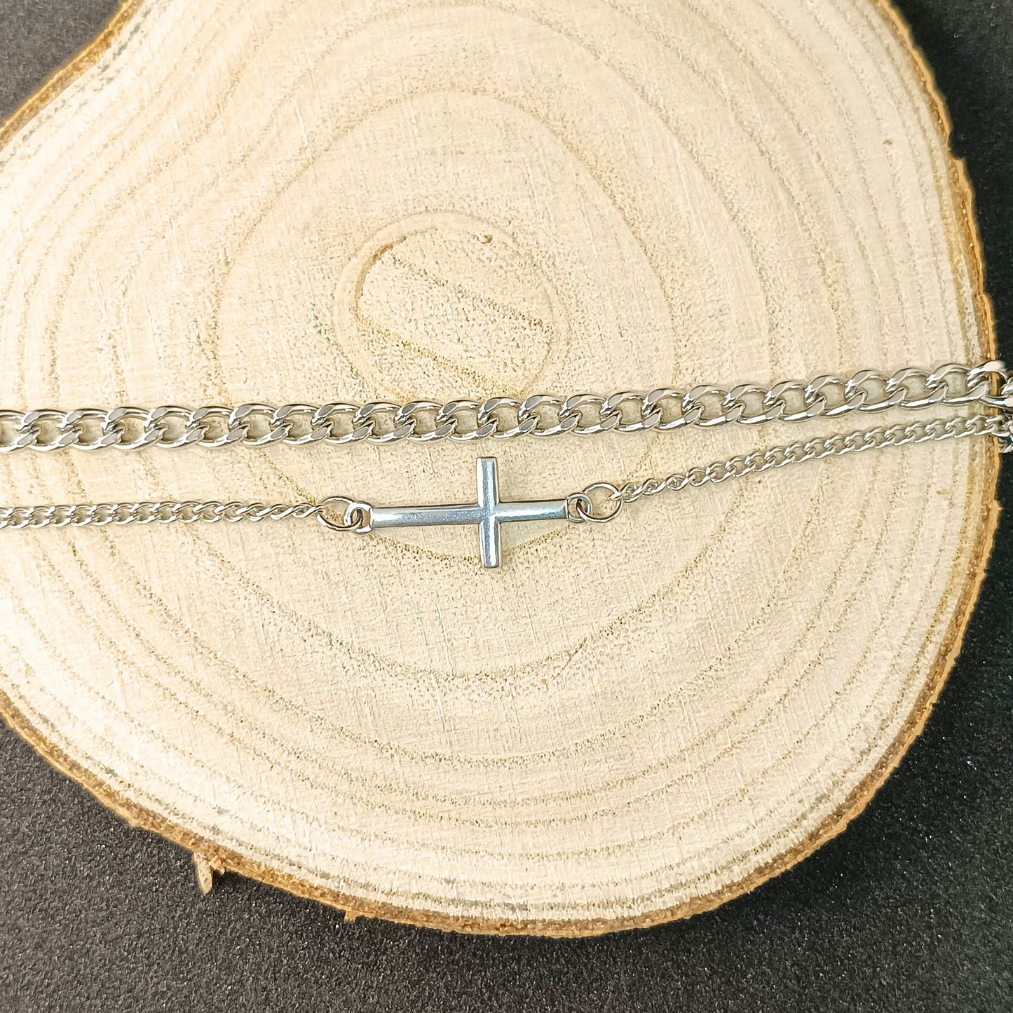 Men’s Silver Cross & Curb Chain Bracelet Set — Stainless Steel