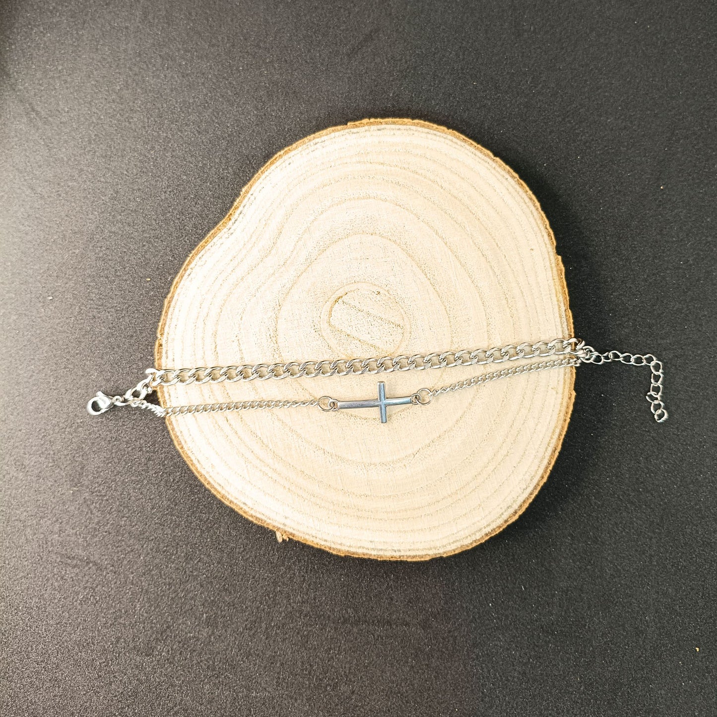 Men’s Silver Cross & Curb Chain Bracelet Set — Stainless Steel