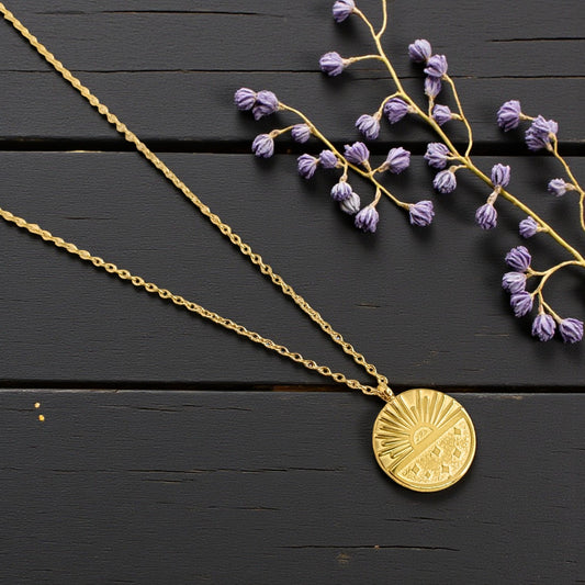 Golden Sunburst Round Pendant Necklace