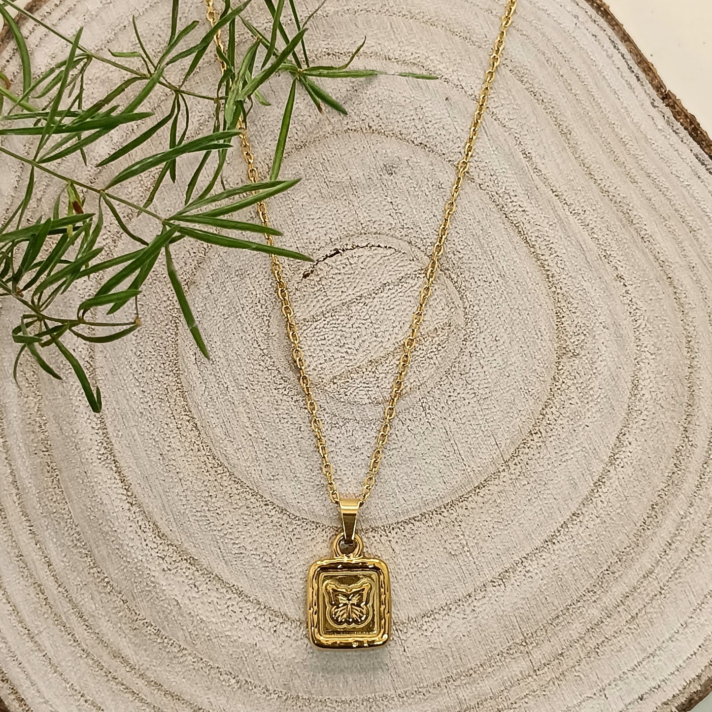 Golden Butterfly Charm Square Pendant Necklace