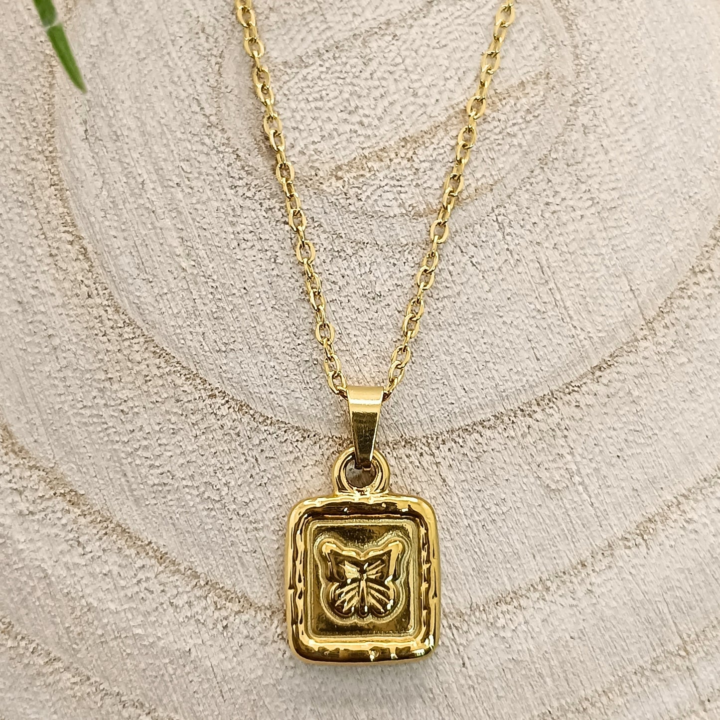 Golden Butterfly Charm Square Pendant Necklace