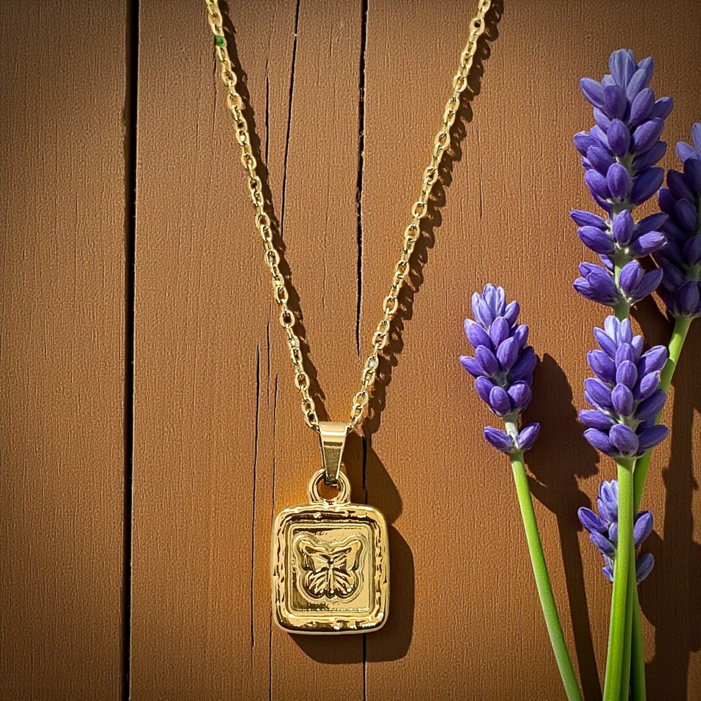 Golden Butterfly Charm Square Pendant Necklace