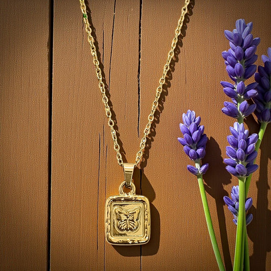 Golden Butterfly Charm Square Pendant Necklace