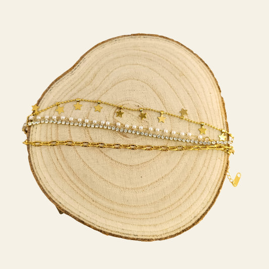 Golden Multi-Layered Bracelet with Stars, Pearls & Rhinestones