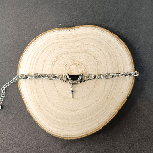 Men’s Black Stone & Cross Charm Bracelet — Stainless Steel