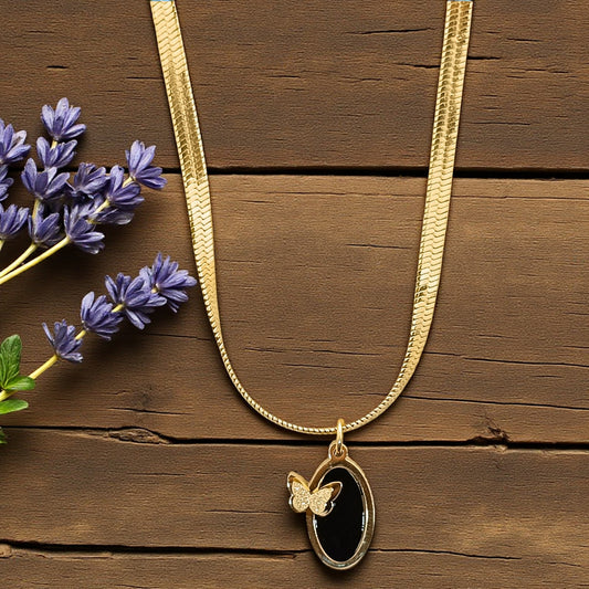 Midnight Butterfly Oval Pendant Necklace