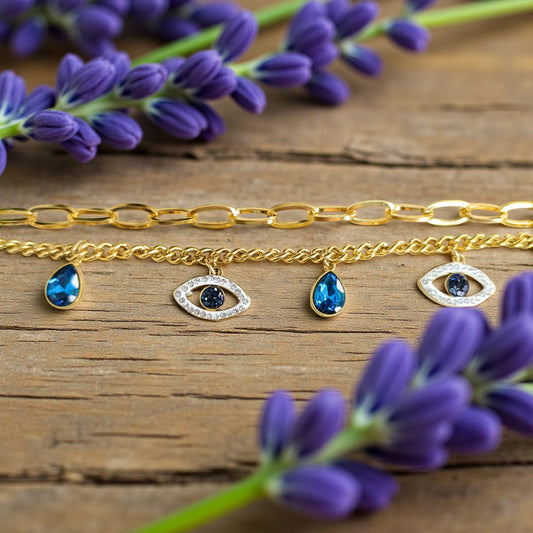 Golden Evil Eye & Blue Charm Bracelet Set