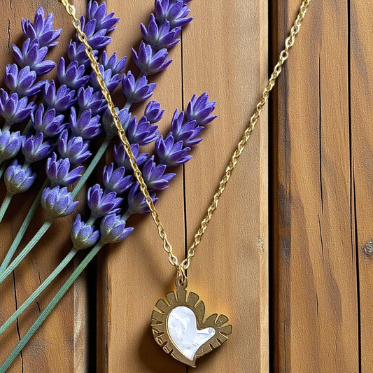 Golden Heart Pendant Necklace with White Inlay