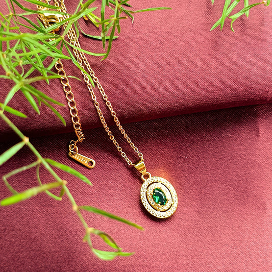 Golden Emerald Oval Pendant Necklace