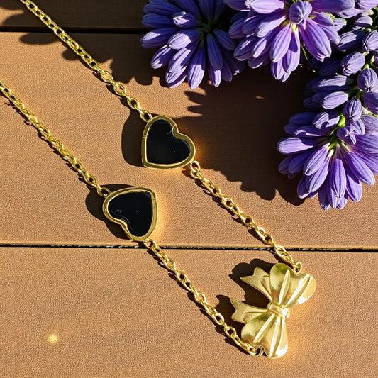 Black Heart & Bow Charm Bracelet