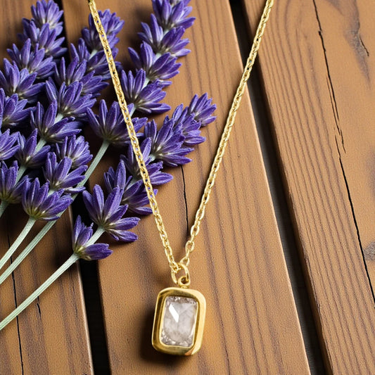 Golden Rectangular Stone Pendant Necklace