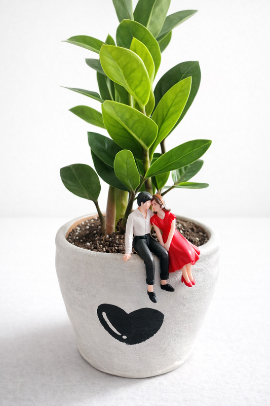 Hand-Painted Love Couple Clay Planter with ZZ Plant