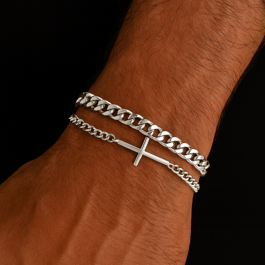 Men’s Silver Cross & Curb Chain Bracelet Set — Stainless Steel
