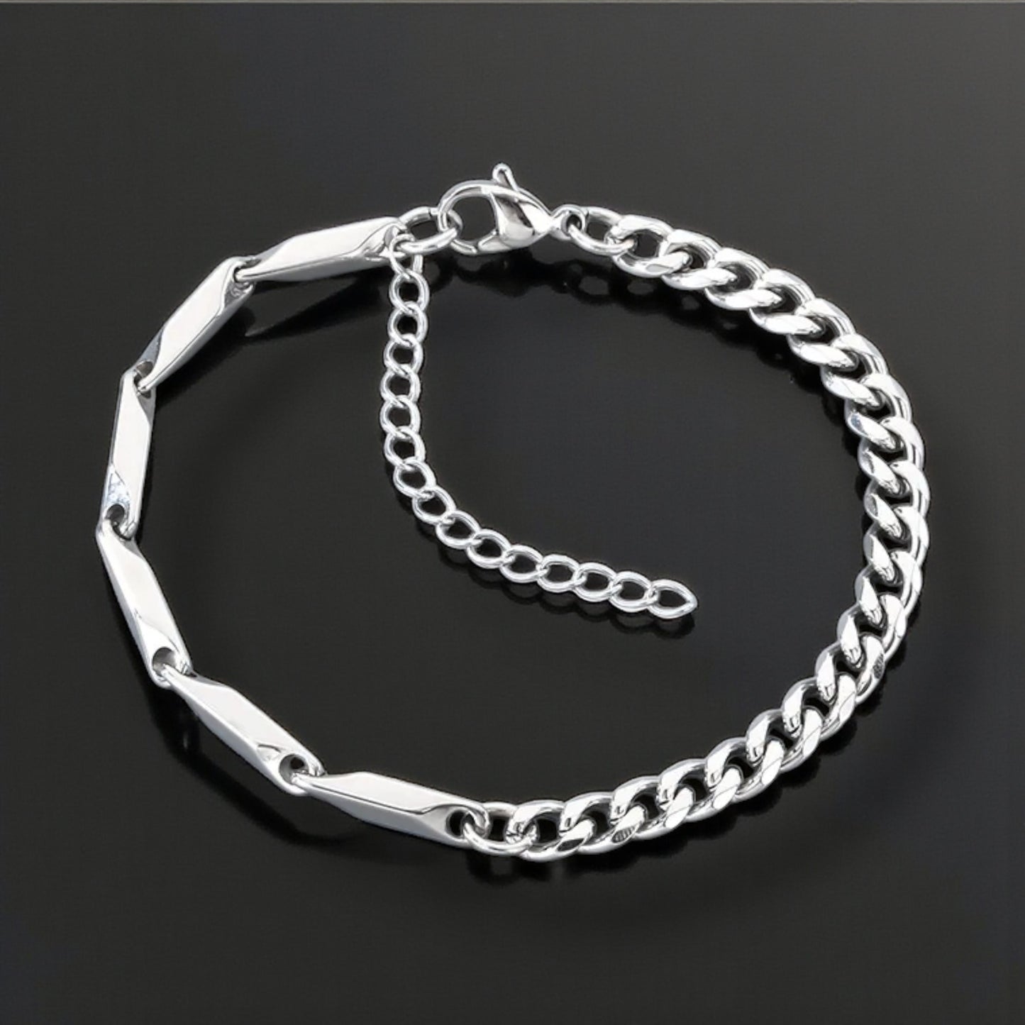 Men’s Silver Geometric Link & Curb Chain Bracelet — Stainless Steel