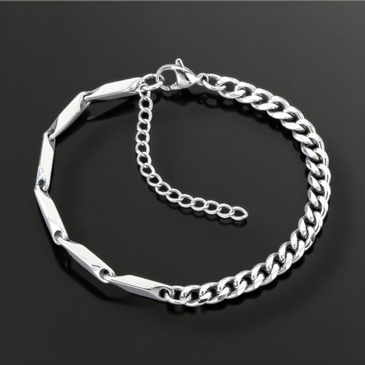 Men’s Silver Geometric Link & Curb Chain Bracelet — Stainless Steel