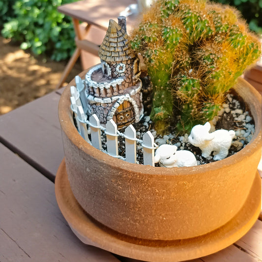Gaivya Golden Cactus in Terracotta Fairy Pot with Castle & Sheep