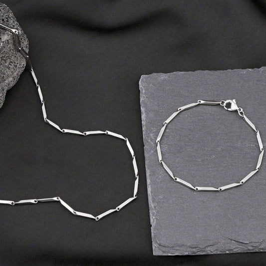 Men’s Silver Geometric Link Chain Set — Stainless Steel (Bracelet + Necklace)