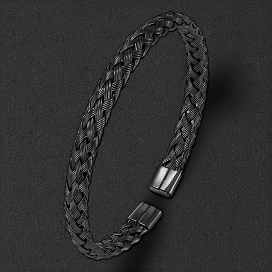 Men’s Braided Black Cuff Bracelet — Stainless Steel