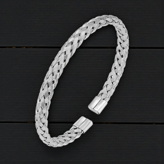Men’s Braided Silver Cuff Bracelet — Stainless Steel