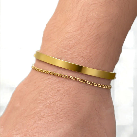 Men’s Gold Cuff & Chain Bracelet Set — Stainless Steel