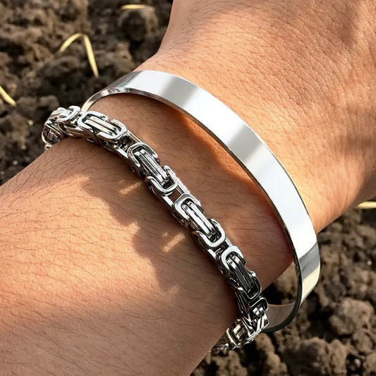 Men’s Silver Cuff & Chain Bracelet Set — Stainless Steel