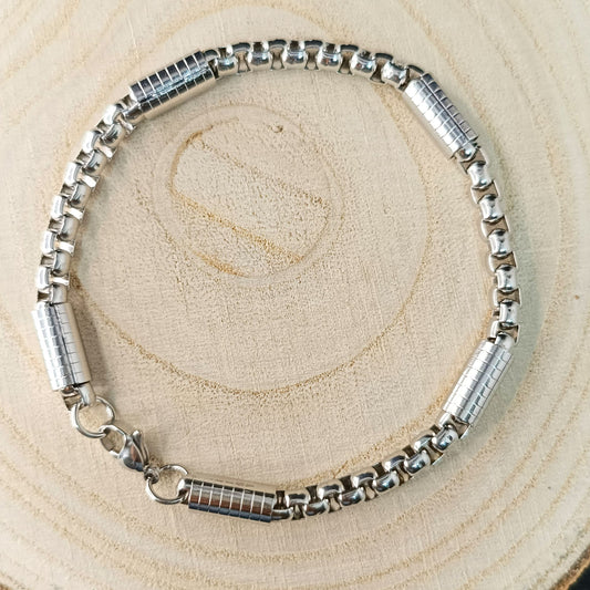 Men’s Silver Box Chain Bracelet with Cylinder Accents — Stainless Steel