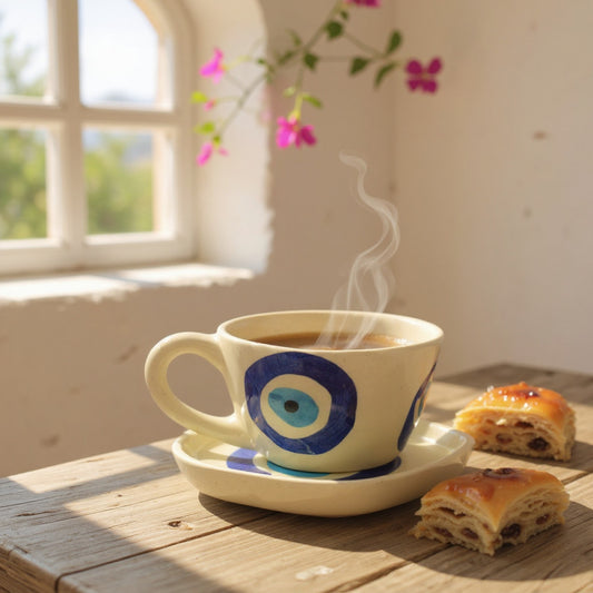 🧿 Evil Eye Cup & Saucer – Handmade Ceramic